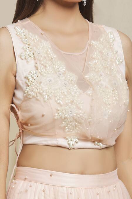 Shop Divya Kanakia Peach Net Pearls Round Neck Embellished Lehenga Set Online at Aza Fashions Shop_Divya Kanakia_Peach Net Pearls Round Neck Embellished Lehenga Set _Online_at_Aza_Fashions