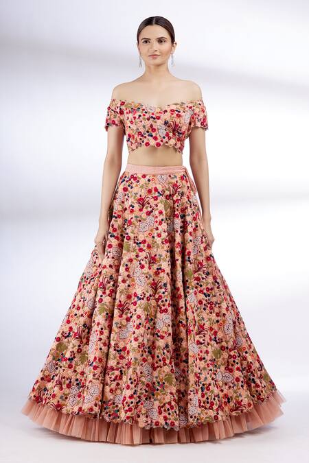 Buy_Divya Kanakia_Pink Net, Dupion Silk V Neck Embroidered Off Shoulder Bridal Lehenga Set _Online_at_Aza_Fashions