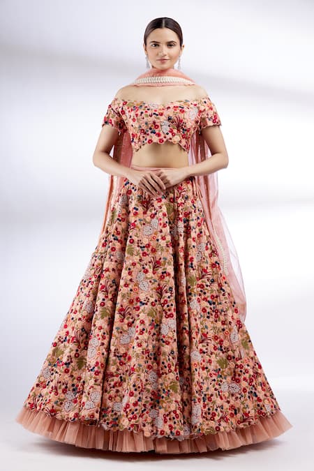 Divya Kanakia_Pink Net, Dupion Silk V Neck Embroidered Off Shoulder Bridal Lehenga Set _Online_at_Aza_Fashions
