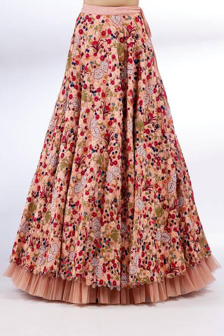 Divya Kanakia_Pink Net, Dupion Silk V Neck Embroidered Off Shoulder Bridal Lehenga Set _at_Aza_Fashions
