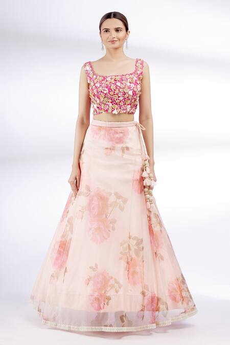 Divya Kanakia_Pink Organza, Net, Dupion Silk Square Neck Printed Cape And Lehenga Set _Online_at_Aza_Fashions