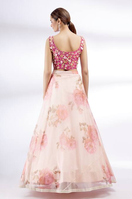 Buy_Divya Kanakia_Pink Organza, Net, Dupion Silk Square Neck Printed Cape And Lehenga Set _Online_at_Aza_Fashions