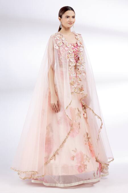 Shop_Divya Kanakia_Pink Organza, Net, Dupion Silk Square Neck Printed Cape And Lehenga Set _Online_at_Aza_Fashions