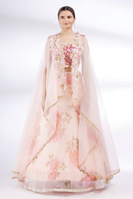 Divya Kanakia_Pink Organza, Net, Dupion Silk Square Neck Printed Cape And Lehenga Set _at_Aza_Fashions