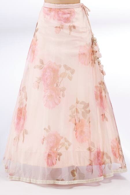 Shop_Divya Kanakia_Pink Organza, Net, Dupion Silk Square Neck Printed Cape And Lehenga Set 