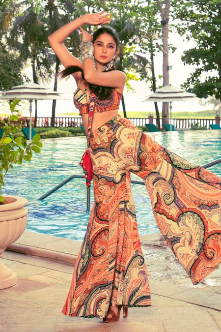 ASEEM KAPOOR Multi Color Cotton Silk Printed Zari Kama Embroidered Corset Blouse  