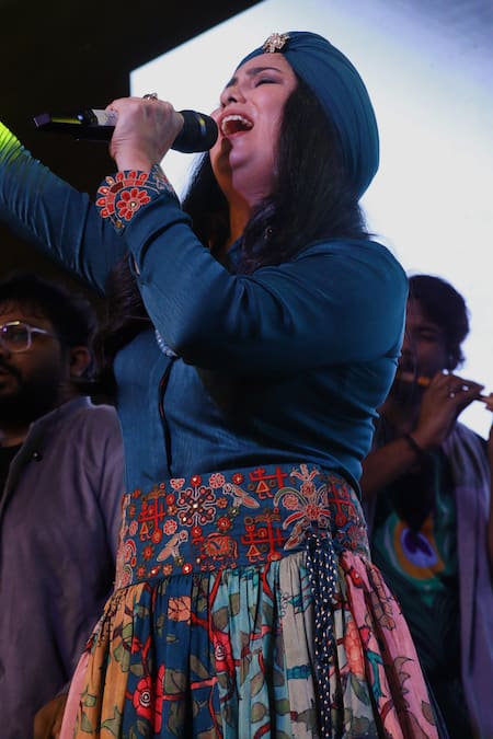 Shraddha Rambhia_Blue Silk, Satin Embroidery Shawl Neck Shirt And Skirt Set_Online_at_Aza_Fashions