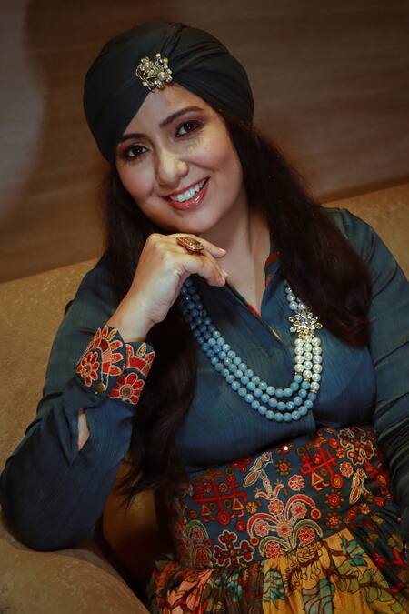 Buy_Shraddha Rambhia_Blue Silk, Satin Embroidery Shawl Neck Shirt And Skirt Set_Online_at_Aza_Fashions