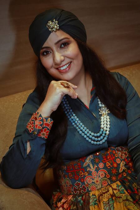 Shop_Shraddha Rambhia_Blue Silk, Satin Embroidery Shawl Neck Shirt And Skirt Set_Online_at_Aza_Fashions