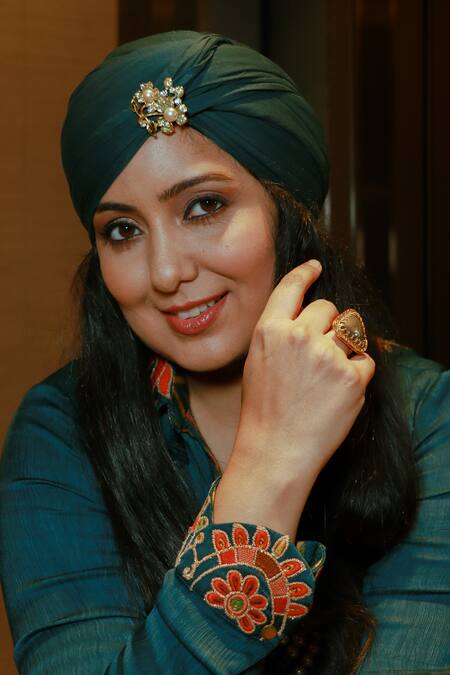 Shraddha Rambhia_Blue Silk, Satin Embroidery Shawl Neck Shirt And Skirt Set_at_Aza_Fashions