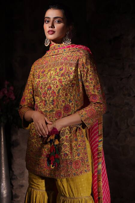 Buy_Shraddha Rambhia_Yellow Silk, Modal, Chiffon Sequins, Beads, Embroidery, Kurta Sharara Set_Online_at_Aza_Fashions