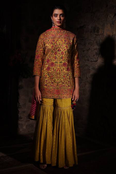 Shop_Shraddha Rambhia_Yellow Silk, Modal, Chiffon Sequins, Beads, Embroidery, Kurta Sharara Set_Online_at_Aza_Fashions