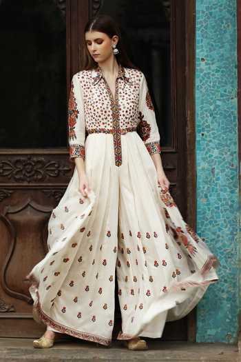 Digital Print Sequinned Cape with Resham Embroidered Crop-Top Palazzo & Stylish Dhoti