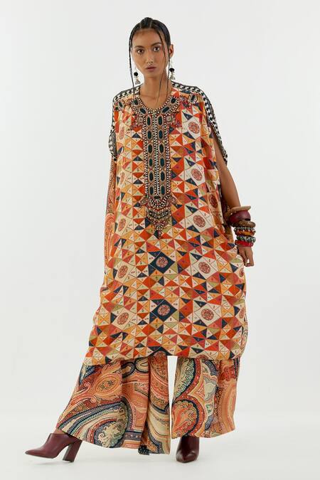 Shop_Aseem Kapoor_Multi Color Satin, Crepe, Linen Ritu Placket Kaftan Tunic And Sharara Set_Online_at_Aza_Fashions