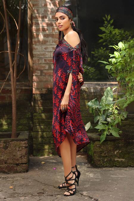Shop Shraddha Rambhia Wine Satin, Silk Asymmetric One Shoulder Printed Tunic at Aza Fashions Shop_Shraddha Rambhia_Wine Satin, Silk Asymmetric One Shoulder Printed Tunic_at_Aza_Fashions