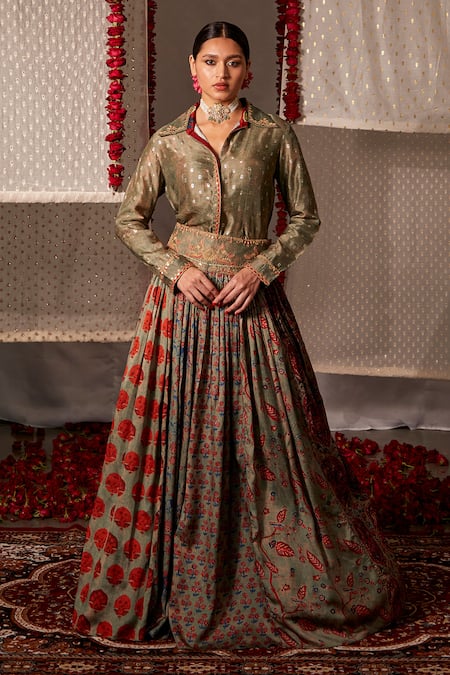 Bollywood Shirt And Skirt Style Buy Green Slub Silk Dori, Floral