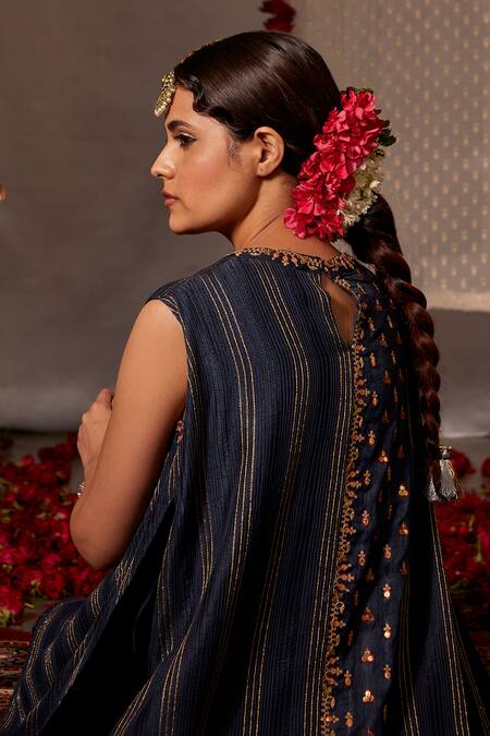 Shraddha Rambhia_Blue Silk, Cotton Sequins, Embroidery Round Neck Pintuck Kurta And Pant Set_Online_at_Aza_Fashions