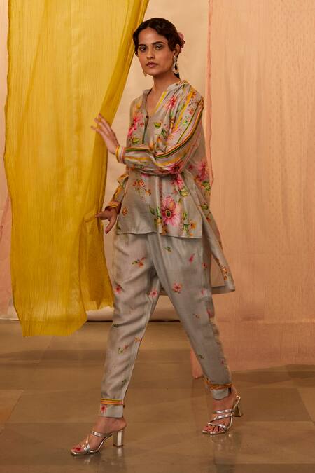 Shraddha Rambhia Grey Silk Mandarin Collar Floral Print Top And Pant Set Online at Aza Fashions Shraddha Rambhia_Grey Silk Mandarin Collar Floral Print Top And Pant Set_Online_at_Aza_Fashions