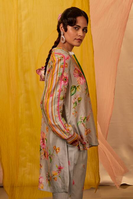 Buy Shraddha Rambhia Grey Silk Mandarin Collar Floral Print Top And Pant Set Online at Aza Fashions Buy_Shraddha Rambhia_Grey Silk Mandarin Collar Floral Print Top And Pant Set_Online_at_Aza_Fashions