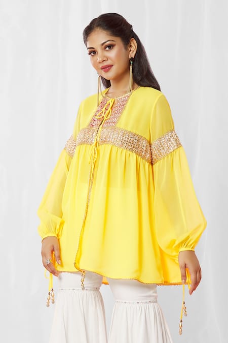 Bhairavi Jaikishan_Yellow Georgette Gota Patti Lace Round Lined Top_Online_at_Aza_Fashions
