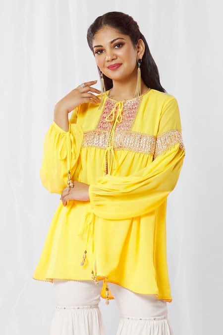 Buy_Bhairavi Jaikishan_Yellow Georgette Gota Patti Lace Round Lined Top_Online_at_Aza_Fashions