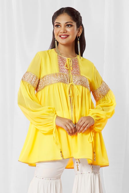 Shop_Bhairavi Jaikishan_Yellow Georgette Gota Patti Lace Round Lined Top_Online_at_Aza_Fashions