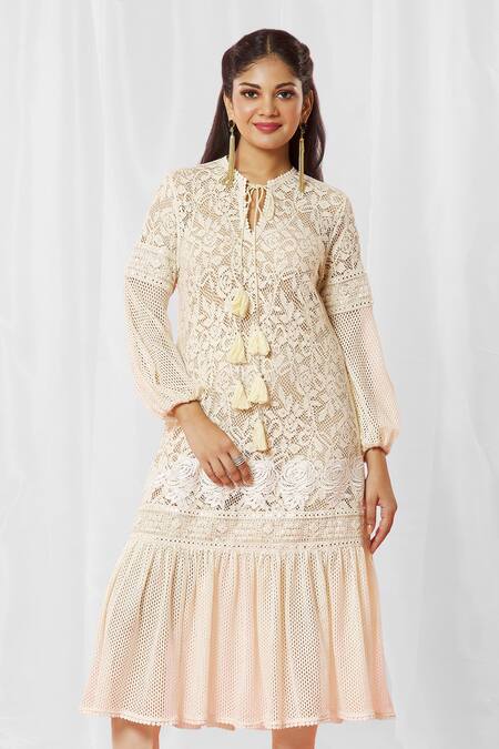 Bhairavi Jaikishan_Ivory Tie-up Frill Hem Kurta_Online_at_Aza_Fashions