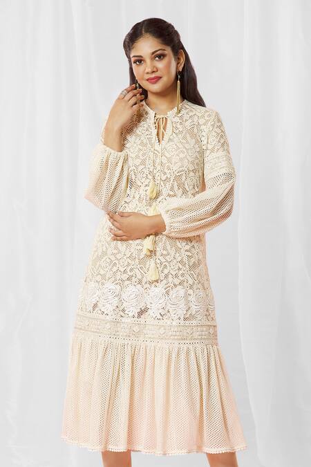 Shop_Bhairavi Jaikishan_Ivory Tie-up Frill Hem Kurta_Online_at_Aza_Fashions
