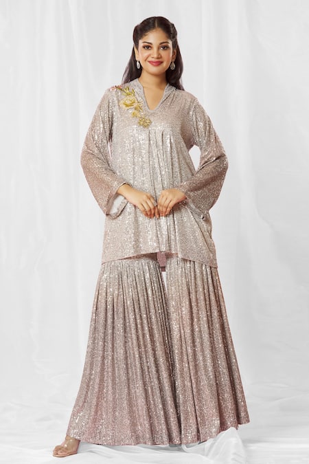 Bhairavi Jaikishan Silver Net Embroidered Sequin Raised Embellished Kurta With Sharara 