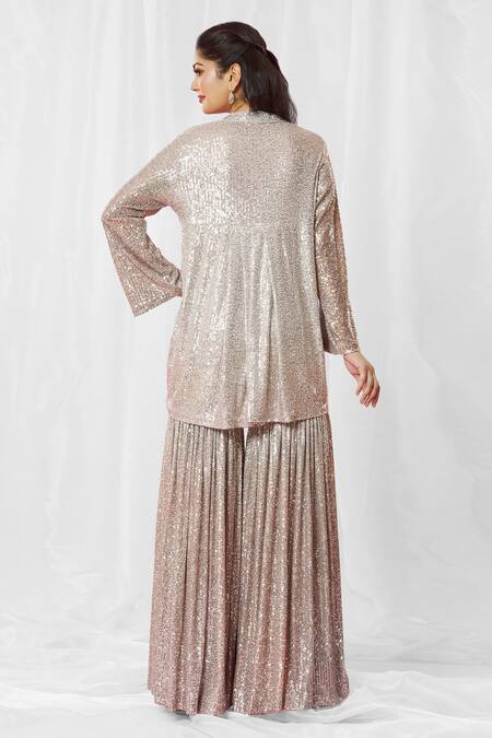 Shop Bhairavi Jaikishan Silver Net Sequins, Embroidery High Neck Embellished Kurta With Sharara at Aza Fashions Shop_Bhairavi Jaikishan_Silver Net Sequins, Embroidery High Neck Embellished Kurta With Sharara_at_Aza_Fashions