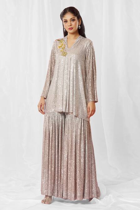 Bhairavi Jaikishan Silver Net Sequins, Embroidery High Neck Embellished Kurta With Sharara Online at Aza Fashions Bhairavi Jaikishan_Silver Net Sequins, Embroidery High Neck Embellished Kurta With Sharara_Online_at_Aza_Fashions