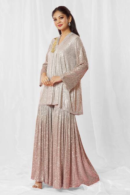 Buy Bhairavi Jaikishan Silver Net Sequins, Embroidery High Neck Embellished Kurta With Sharara Online at Aza Fashions Buy_Bhairavi Jaikishan_Silver Net Sequins, Embroidery High Neck Embellished Kurta With Sharara_Online_at_Aza_Fashions