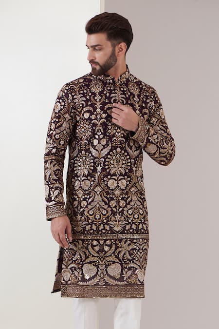 Kasbah_Wine Georgette Embroidery Floral Kurta _Online_at_Aza_Fashions