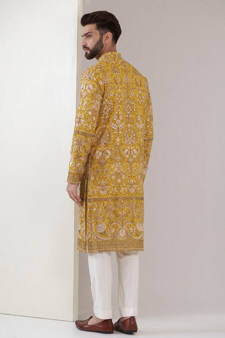 Shop_Kasbah_Yellow Georgette Embroidery, Sequins Floral Kurta _at_Aza_Fashions