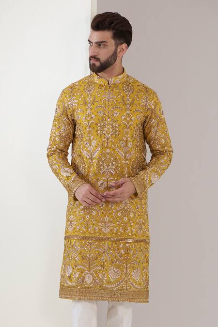 Kasbah_Yellow Georgette Embroidery, Sequins Floral Kurta _Online_at_Aza_Fashions