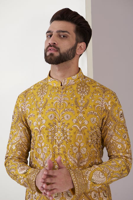 Buy_Kasbah_Yellow Georgette Embroidery, Sequins Floral Kurta _Online_at_Aza_Fashions