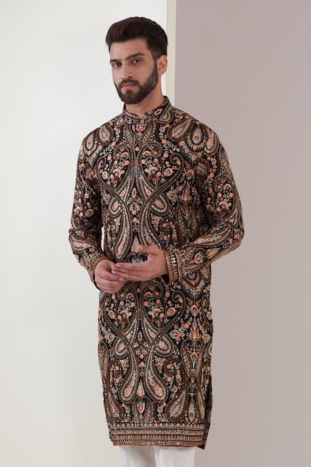 Kasbah_Black Georgette Embroidery Kashmiri Kurta _Online_at_Aza_Fashions