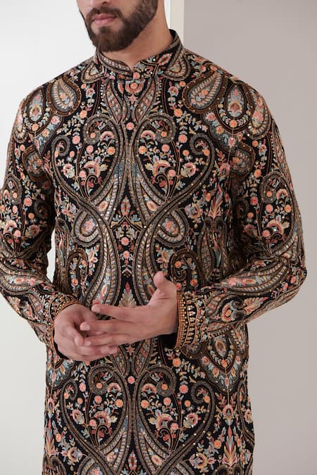 Buy_Kasbah_Black Georgette Embroidery Kashmiri Kurta _Online_at_Aza_Fashions