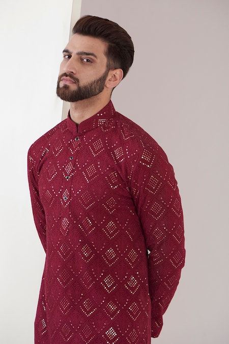 Buy_Kasbah_Maroon Georgette Embroidery, Sequins And Chikankari Kurta _Online_at_Aza_Fashions