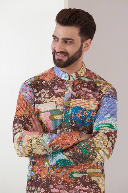 Buy_Kasbah_Multi Color Georgette Sequins Landscape Print Kurta_Online_at_Aza_Fashions