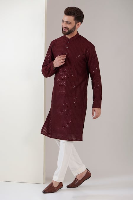 Kasbah Maroon Georgette Embroidered Chikankari Kurta Set 