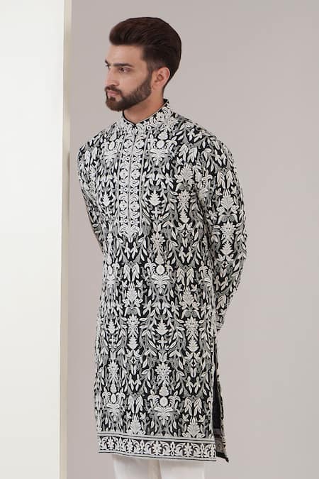 Kasbah_Black Georgette Embroidery Floral Thread Kurta _Online_at_Aza_Fashions