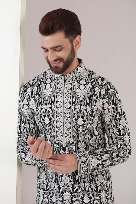 Buy_Kasbah_Black Georgette Embroidery Floral Thread Kurta _Online_at_Aza_Fashions