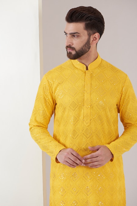 Buy Kasbah Yellow Georgette Embroidery Full Sleeve Chikankari Kurta Online at Aza Fashions Buy_Kasbah_Yellow Georgette Embroidery Full Sleeve Chikankari Kurta _Online_at_Aza_Fashions