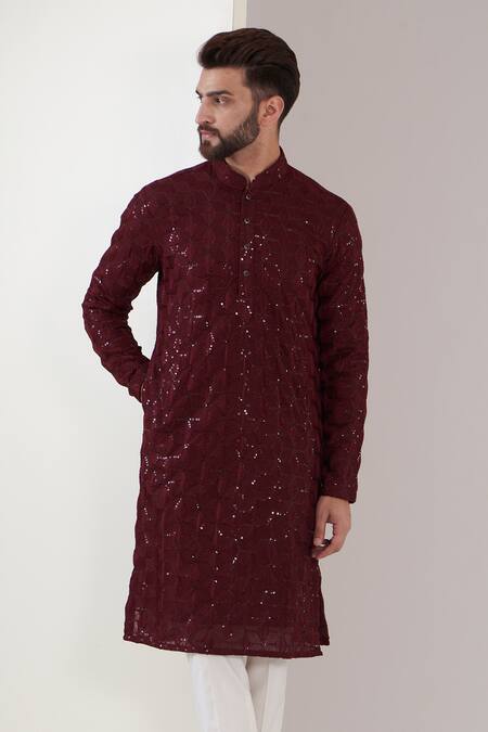 Kasbah_Maroon Georgette Embroidery, Sequins Mandarin Collar Chikankari Kurta_Online_at_Aza_Fashions