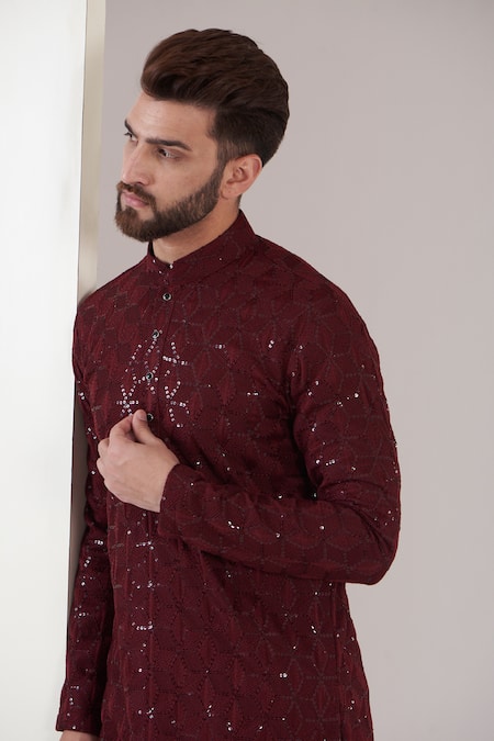 Buy_Kasbah_Maroon Georgette Embroidery, Sequins Mandarin Collar Chikankari Kurta_Online_at_Aza_Fashions