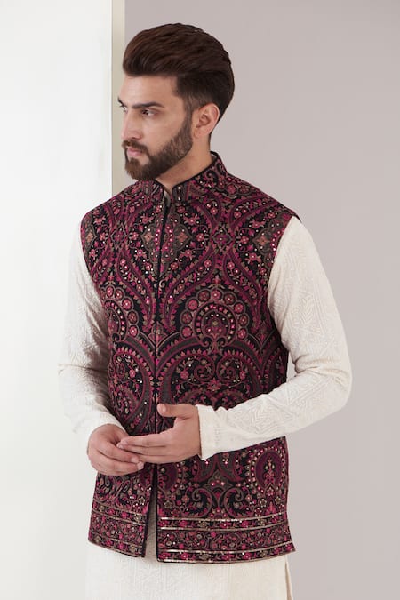 Kasbah Maroon Georgette Sequins, Embroidery Kashmiri Floral Nehru Jacket Online at Aza Fashions Kasbah_Maroon Georgette Sequins, Embroidery Kashmiri Floral Nehru Jacket _Online_at_Aza_Fashions