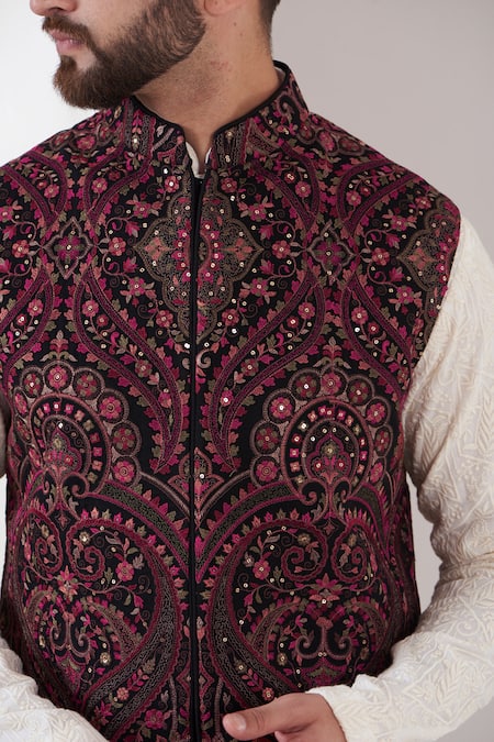 Buy Kasbah Maroon Georgette Sequins, Embroidery Kashmiri Floral Nehru Jacket Online at Aza Fashions Buy_Kasbah_Maroon Georgette Sequins, Embroidery Kashmiri Floral Nehru Jacket _Online_at_Aza_Fashions