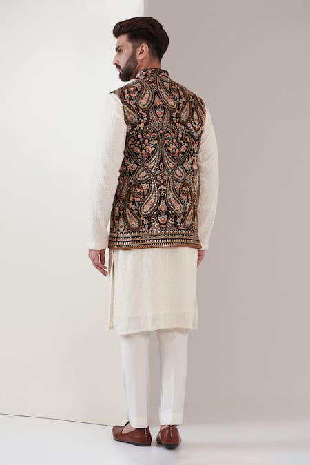Shop_Kasbah_Black Georgette Embroidery, Sequins Kashmiri Nehru Jacket _at_Aza_Fashions