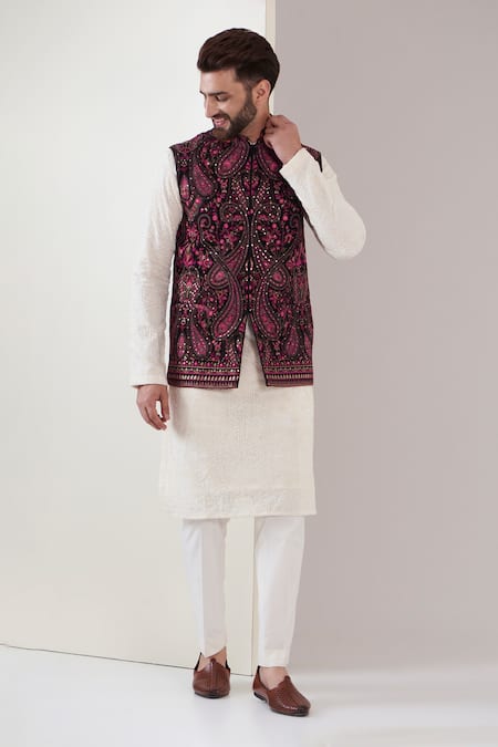 Buy Blue Linen Silk Embroidery Kashmiri Jamawar Jacket And Kurta Set For Men  by Jatin Malik Online at Aza Fashions.